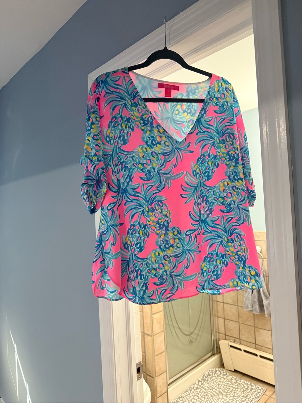Lilly Pulitzer Pink Tropical Pineapple V-Neck Blouse